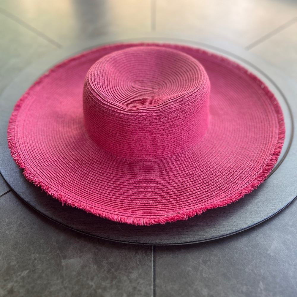 Elegant Pink Wide-Brim Hat w fringe edge